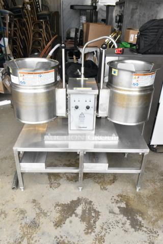 2 Cleveland TKET-6-T Stainless Steel Commercial Countertop Electric Powered 6 Gallon Tilting Steam Kettle on Stand. 208/230 Volts, 3 Phase.