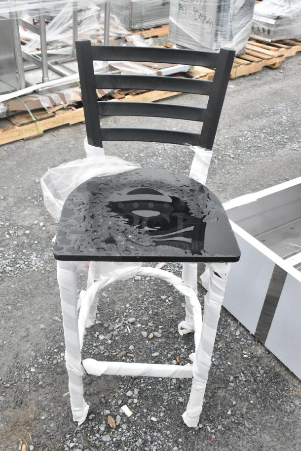 2 BRAND NEW SCRATCH AND DENT! Lancaster Table & Seating 164BMTLADFR Black Metal Bar Height Ladder Back Chair w/ Seat. 2 Times Your Bid! - Image 2 of 5