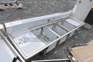 BRAND NEW SCRATCH AND DENT! Regency 600S31620218 88" 16 Gauge Stainless Steel Three Compartment Commercial Sink with Galvanized Steel Legs and 2 Drainboards - 16" x 20" x 12" Bowls. No Legs.