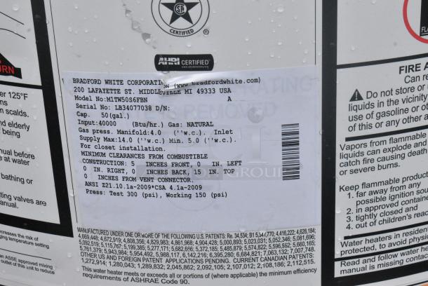 Bradford White M1TW50S6FBN Residential Natural Gas Powered Water Heater. - Image 6 of 6