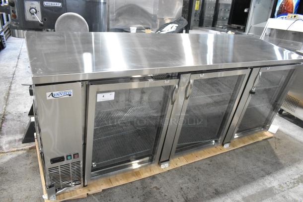 BRAND NEW SCRATCH AND DENT! 2024 Avantco 178UBB4GHCS UBB-4G-HC 90" Stainless Steel Counter Height Glass Door Back Bar Refrigerator with LED Lighting. 115 Volts, 1 Phase. Tested and Working! - Image 1 of 9