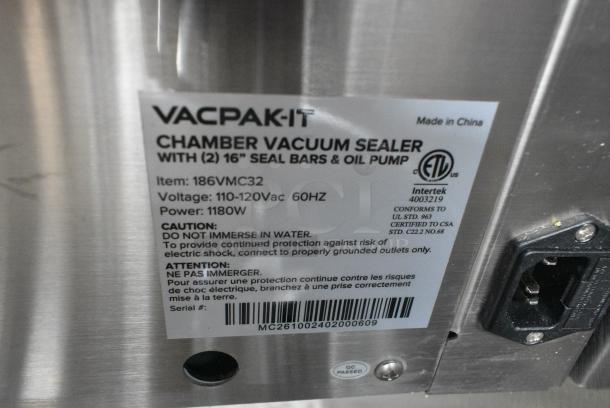 BRAND NEW SCRATCH AND DENT! VacPak-it 186VMC32 Stainless Steel Chamber Vacuum Packaging Machine with Two 16" Seal Bars and Oil Pump. 110-120 Volts, 1 Phase. Tested and Working! - Image 7 of 7