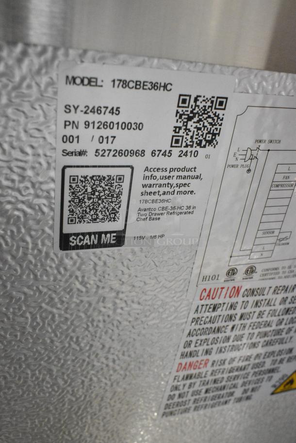 BRAND NEW SCRATCH AND DENT! 2024 Avantco 178CBE36HC Stainless Steel Commercial 2 Drawer Refrigerated Chef Base on Commercial Casters. 115 Volts, 1 Phase. Tested and Working! - Image 8 of 8