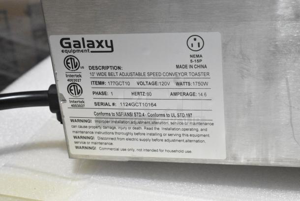 BRAND NEW SCRATCH AND DENT! Galaxy 177GCT10 Stainless Steel Commercial Countertop Conveyor Toaster with 3" Opening. 120 Volts, 1 Phase. Cannot Test Due To Plug Style - Image 9 of 9