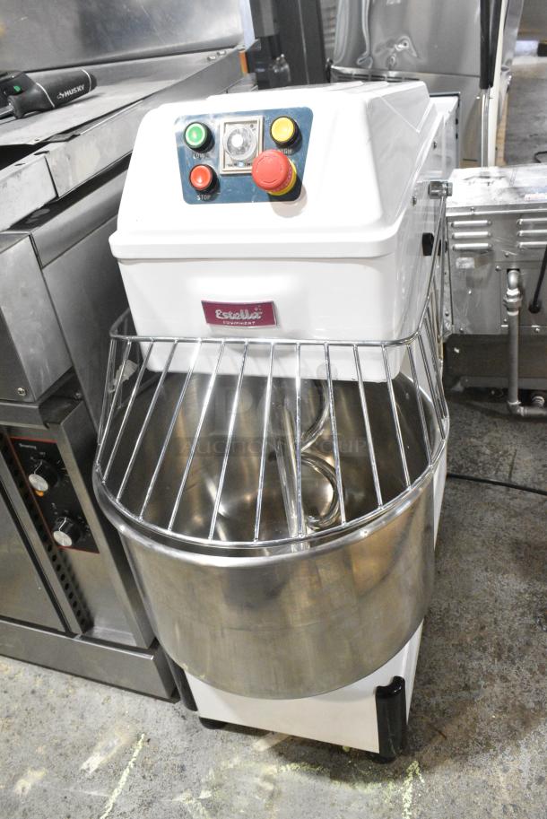 BRAND NEW SCRATCH AND DENT! Estella 348SM30 30 Qt. / 42 lb. Two-Speed Spiral Dough Mixer w/ Mixing Bowl, Bowl Guard, and Dough Hook Attachment. 120 Volts, 1 Phase. Tested and Powers On But Parts Do Not Move - Image 1 of 8