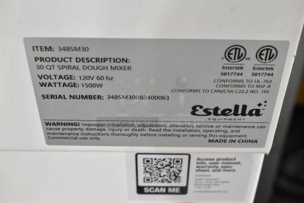 BRAND NEW SCRATCH AND DENT! Estella 348SM30 30 Qt. / 42 lb. Two-Speed Spiral Dough Mixer w/ Mixing Bowl, Bowl Guard, and Dough Hook Attachment. 120 Volts, 1 Phase. Tested and Powers On But Parts Do Not Move - Image 8 of 8
