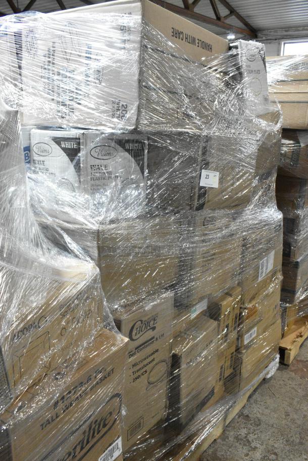 30 BRAND NEW SCRATCH AND DENT! Items Including 347CRMP10WHGD Visions 10" White Round Plastic Coupe Plate with Gold Band - 120/Case, 128HDLDBULK Choice Heavy Duty Microwavable Translucent Plastic Deli Container Lid - 480/Case, 347RP10WHSS Visions Wave 10" White Plastic Plate - 144/Case, 127RD16COMBO Choice 16 oz. Microwavable Clear Round Deli Container and Lid Combo Pack - 250/Case, 2 Extera Large Bags, 500TW7 Choice 7 oz. Translucent Thin Wall Plastic Cold Cup - 2,500/Case. 30 Times Your Bid! - Image 1 of 11