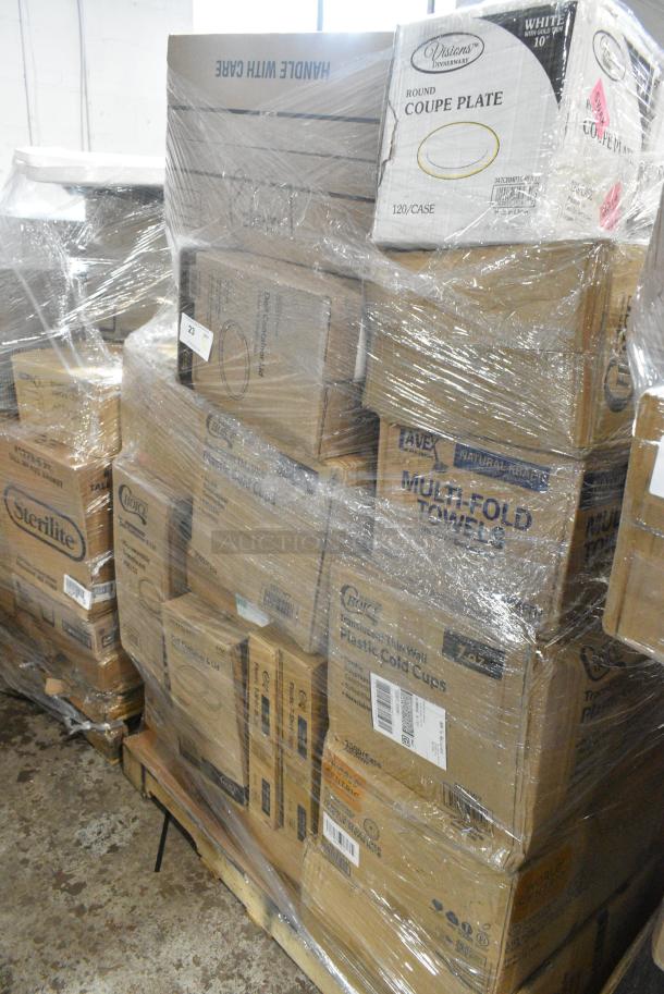 30 BRAND NEW SCRATCH AND DENT! Items Including 347CRMP10WHGD Visions 10" White Round Plastic Coupe Plate with Gold Band - 120/Case, 128HDLDBULK Choice Heavy Duty Microwavable Translucent Plastic Deli Container Lid - 480/Case, 347RP10WHSS Visions Wave 10" White Plastic Plate - 144/Case, 127RD16COMBO Choice 16 oz. Microwavable Clear Round Deli Container and Lid Combo Pack - 250/Case, 2 Extera Large Bags, 500TW7 Choice 7 oz. Translucent Thin Wall Plastic Cold Cup - 2,500/Case. 30 Times Your Bid! - Image 2 of 11