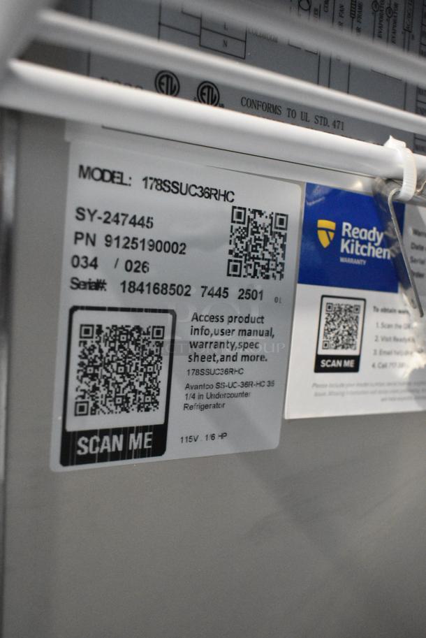 BRAND NEW SCRATCH AND DENT! 2025 Avantco 178SSUC36RHC Stainless Steel Commercial 2 Door Undercounter Cooler on Commercial Casters. 115 Volts, 1 Phase. Tested and Working! - Image 8 of 8