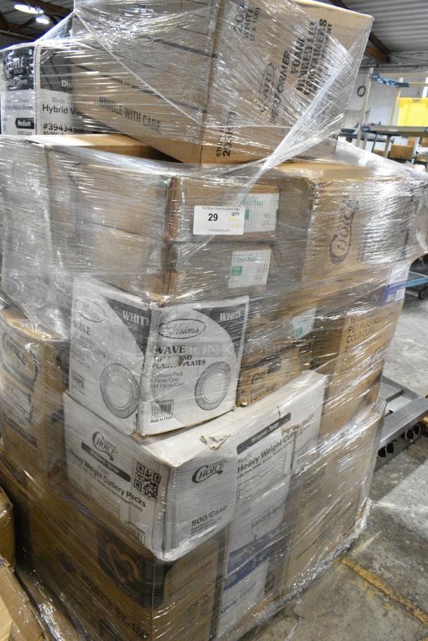 24BRAND NEW SCRATCH AND DENT! Items Including 245WEDGEPZZA Choice White Clay Coated Clamshell Pizza Slice Box - 400/Case, Dart 205HT1 White Foam Take Out Container with Perforated Hinged Lid 9" x 6" x 3" - 200/Case, 394345M Noble NexGen Powder-Free Disposable Black Hybrid 3 Mil Thick Gloves - Medium - 1,000/Case, 433NHTBIO EcoChoice 1/6 Standard Size Biodegradable Standard-Duty Plastic T-Shirt Bag - 500/Case, 347RP10WHSS Visions Wave 10" White Plastic Plate - 144/Case, 130BGFKSNSPH Choice Beige Heavy Weight Wrapped Polystyrene Plastic Cutlery Pack with Napkin and Salt and Pepper Packets - 500/Case, 3941085XL Lavex Powder-Free Disposable Nitrile Black 5 Mil Thick Textured Gloves - Extra Large - 1000/Case, Dart 95HT1R 9 1/2" x 9" x 3" White Foam Square Take Out Container with Hinged Lid - 200/Case. 24 Times Your Bid! - Image 1 of 13
