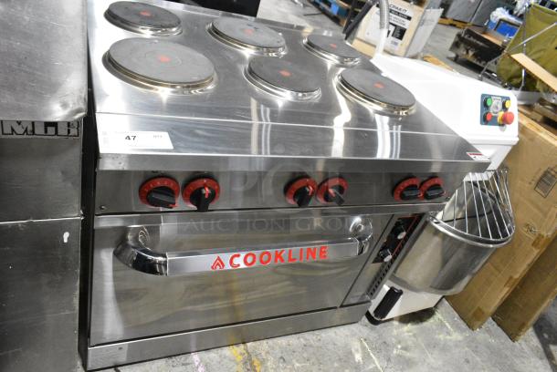 BRAND NEW SCRATCH AND DENT! Cookline Stainless Steel Commercial 6 Burner Electric Powered Hot Plate Range w/ Oven and Back Splash. 240 Volts, 3 Phase. - Image 3 of 15