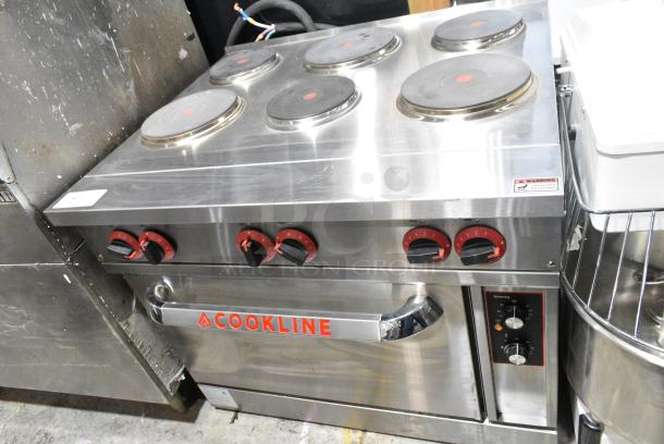 BRAND NEW SCRATCH AND DENT! Cookline Stainless Steel Commercial 6 Burner Electric Powered Hot Plate Range w/ Oven and Back Splash. 240 Volts, 3 Phase. - Image 6 of 15