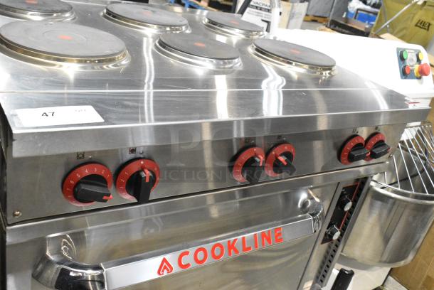 BRAND NEW SCRATCH AND DENT! Cookline Stainless Steel Commercial 6 Burner Electric Powered Hot Plate Range w/ Oven and Back Splash. 240 Volts, 3 Phase. - Image 9 of 15