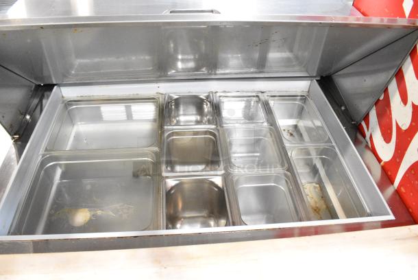 Beverage Air SPE36HC-15M Stainless Steel Commercial Sandwich Salad Prep Table Bain Marie Mega Top on Commercial Casters. 115 Volts, 1 Phase. Tested and Powers On But Does Not Get Cold - Image 6 of 10