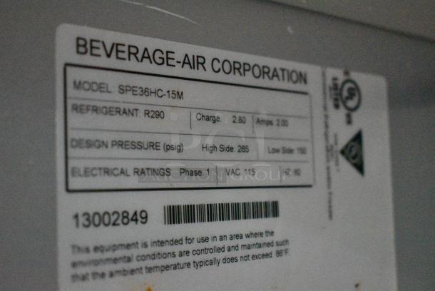 Beverage Air SPE36HC-15M Stainless Steel Commercial Sandwich Salad Prep Table Bain Marie Mega Top on Commercial Casters. 115 Volts, 1 Phase. Tested and Powers On But Does Not Get Cold - Image 9 of 10