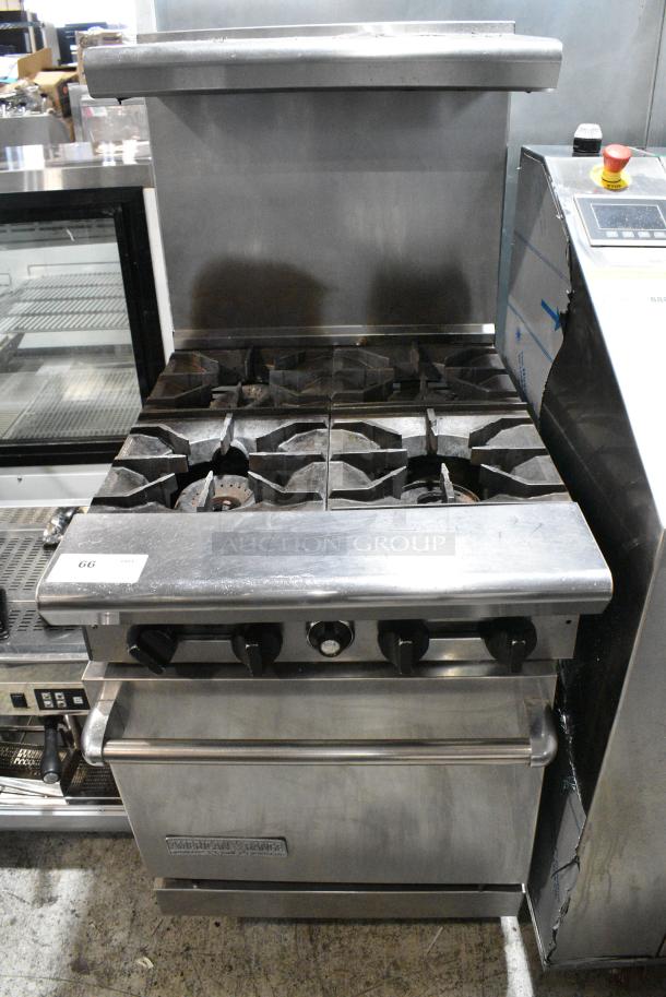 American Range Stainless Steel Commercial Natural Gas Powered 4 Burner Range w/ Oven, Over Shelf and Back Splash. - Image 1 of 9