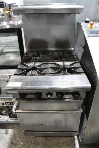 American Range Stainless Steel Commercial Natural Gas Powered 4 Burner Range w/ Oven, Over Shelf and Back Splash.