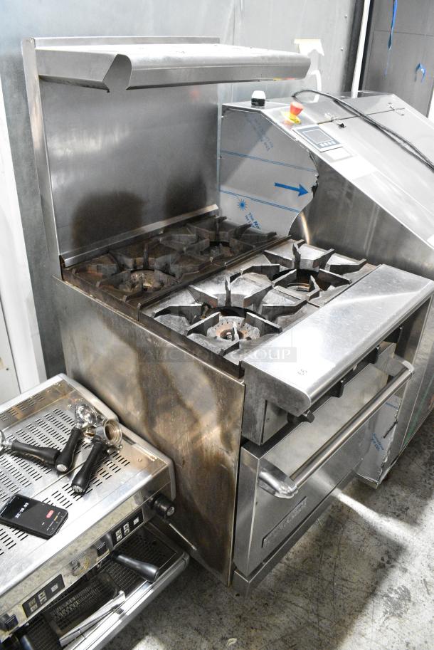 American Range Stainless Steel Commercial Natural Gas Powered 4 Burner Range w/ Oven, Over Shelf and Back Splash. - Image 2 of 9