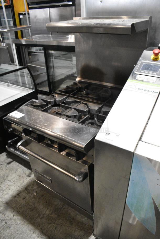 American Range Stainless Steel Commercial Natural Gas Powered 4 Burner Range w/ Oven, Over Shelf and Back Splash. - Image 3 of 9