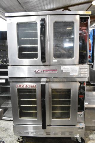 2 Southbend GB/25CCH / Blodgett Zephaire-200-G Stainless Steel Commercial Natural Gas Powered Full Size Convection Oven w/ View Through Doors, Metal Oven Racks and Thermostatic Controls on Commercial Casters. 2 Times Your Bid!
