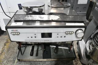 2018 Schaerer Barista Metal Commercial Countertop 2 Group Automatic Espresso Machine w/ 2 Hoppers and 2 Portafilters. 208-240 Volts, 1 Phase.