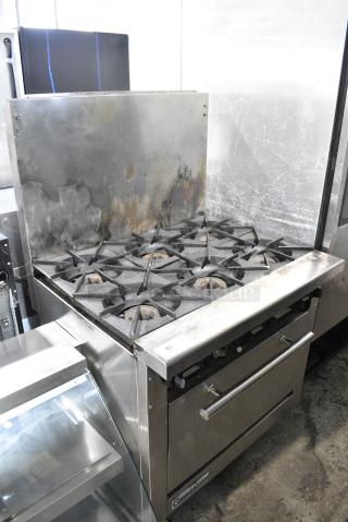 Connerton CN36-6 Stainless Steel Commercial Natural Gas Powered 6 Burner Range w/ Oven and Back Splash.