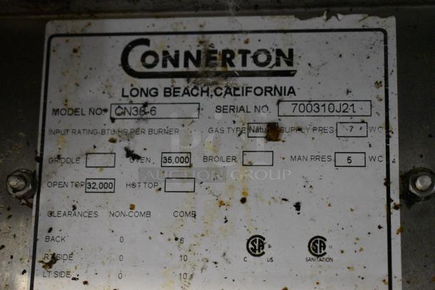Connerton CN36-6 Stainless Steel Commercial Natural Gas Powered 6 Burner Range w/ Oven and Back Splash. - Image 7 of 8