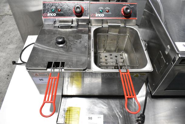 Winco EFT-32 Stainless Steel Countertop Electric Powered 2 Bay Fryer w/ 2 Metal Fry Baskets and 1 Lid. 120 Volts, 1 Phase. - Image 1 of 7