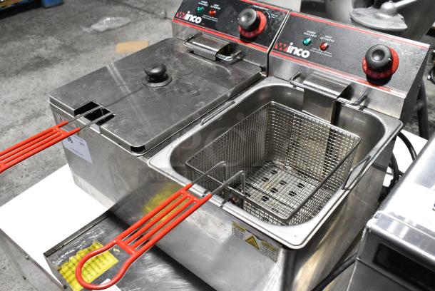 Winco EFT-32 Stainless Steel Countertop Electric Powered 2 Bay Fryer w/ 2 Metal Fry Baskets and 1 Lid. 120 Volts, 1 Phase. - Image 3 of 7