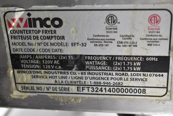 Winco EFT-32 Stainless Steel Countertop Electric Powered 2 Bay Fryer w/ 2 Metal Fry Baskets and 1 Lid. 120 Volts, 1 Phase. - Image 6 of 7