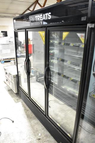 2018 True GDM-72F-HC Metal Commercial 3 Door Reach In Freezer Merchandiser w/ Poly Coated Racks. 115/208-230 Volts, 1 Phase. Tested and Working!