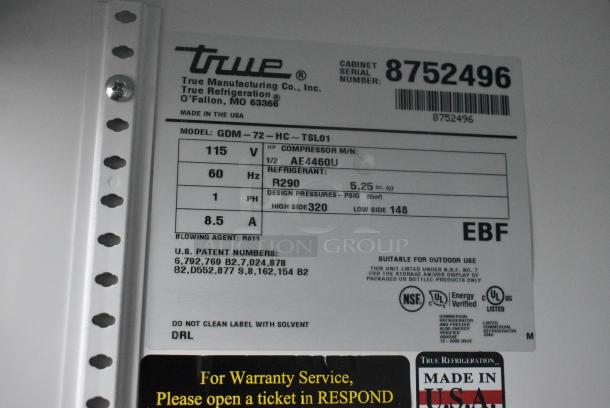 2016 True GDM-72-HC Metal Commercial 3 Door Reach In Cooler Merchandiser w/ Poly Coated Racks. 115 Volts, 1 Phase. Tested and Working! - Image 7 of 7