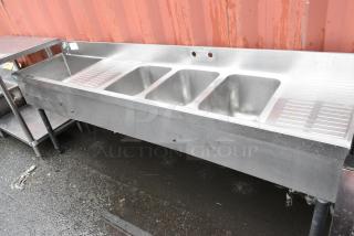 Stainless Steel 3 Bay Back Bar Sink w/ Left Side Ice Bin and Dual Drain Boards.
