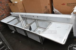 BRAND NEW SCRATCH AND DENT! Regency 600S32424224 Stainless Steel 3 Bay Sink w/ Dual Drain Boards. Missing 2 Legs.