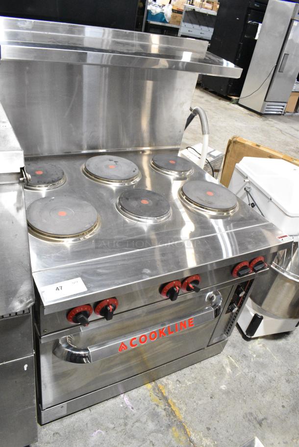 BRAND NEW SCRATCH AND DENT! Cookline Stainless Steel Commercial 6 Burner Electric Powered Hot Plate Range w/ Oven and Back Splash. 240 Volts, 3 Phase. - Image 2 of 15