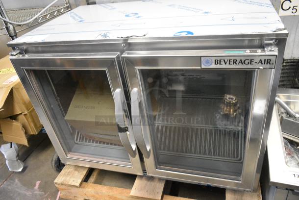 BRAND NEW SCRATCH AND DENT! Beverage Air UCR34HC-25 Stainless Steel Commercial 2 Door Undercounter Cooler Merchandiser. Comes w/ Commercial Casters. 115 Volts, 1 Phase. Tested and Working! - Image 1 of 9