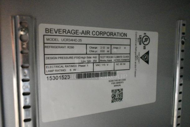 BRAND NEW SCRATCH AND DENT! Beverage Air UCR34HC-25 Stainless Steel Commercial 2 Door Undercounter Cooler Merchandiser. Comes w/ Commercial Casters. 115 Volts, 1 Phase. Tested and Working! - Image 9 of 9