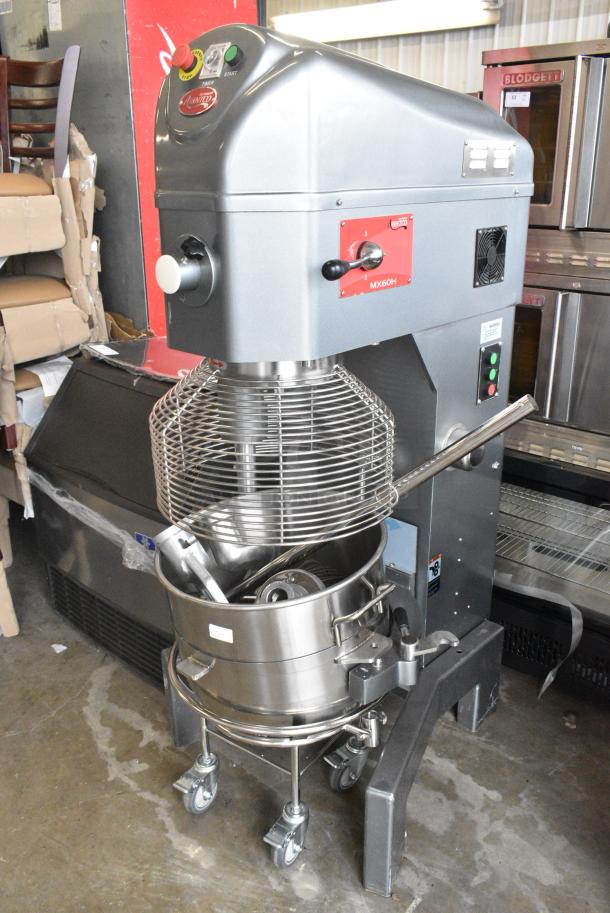 BRAND NEW SCRATCH AND DENT! Avantco MX60H Metal Commercial 60 Quart Planetary Dough Mixer w/ Stainless Steel Mixing Bowl, Bowl Guard, Bowl Dolly, Whisk, Paddle and Dough Hook Attachments.240 Volts, 3 Phase. - Image 3 of 12