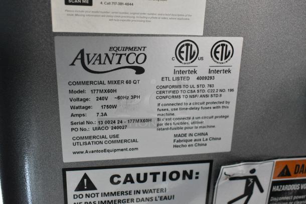 BRAND NEW SCRATCH AND DENT! Avantco MX60H Metal Commercial 60 Quart Planetary Dough Mixer w/ Stainless Steel Mixing Bowl, Bowl Guard, Bowl Dolly, Whisk, Paddle and Dough Hook Attachments.240 Volts, 3 Phase. - Image 12 of 12