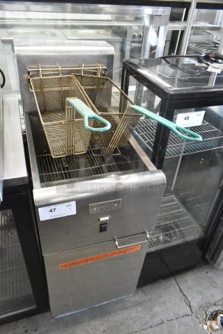 Frymaster SR14ESD Stainless Steel Commercial Floor Style Electric Powered Deep Fat Fryer w/ 2 Metal Fry Baskets. 240 Volts, 1 Phase.