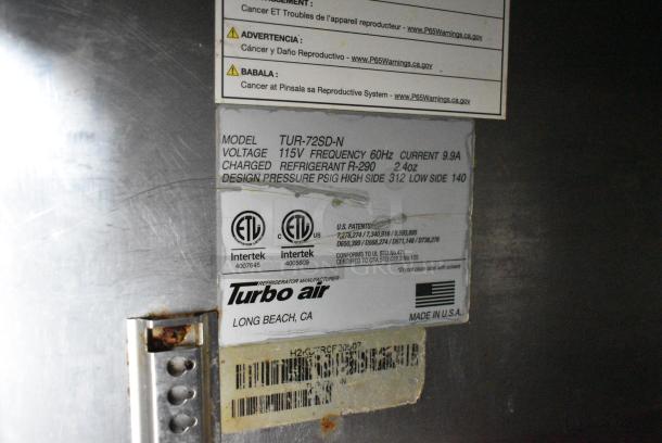 Turbo Air TUR-72SD-N Stainless Steel Commercial 3 Door Work Top Cooler w/ 2 Tier Over Shelf on Commercial Casters. 115 Volts, 1 Phase. Tested and Working! - Image 8 of 8