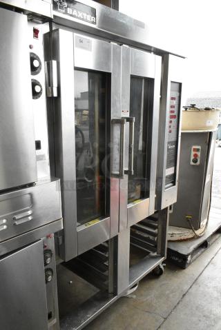 Baxter Stainless Steel Commercial Natural Gas Powered Mini Rotating Rack Oven on Double Pan Rack w/ Commercial Casters.