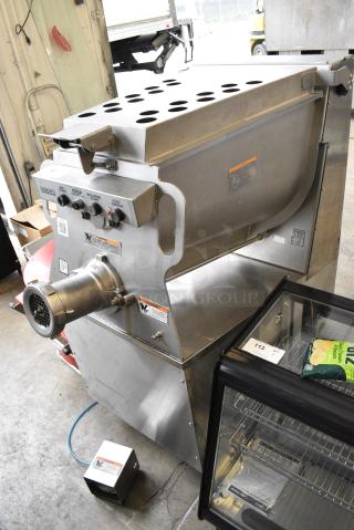 Hobart MG1532 Stainless Steel Commercial Commercial Floor Style Meat Mixer Grinder on Commercial Casters. 208 Volts, 3 Phase.