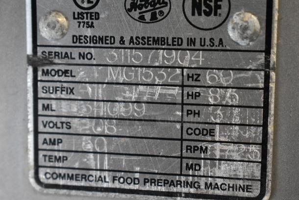 Hobart MG1532 Stainless Steel Commercial Commercial Floor Style Meat Mixer Grinder on Commercial Casters. 208 Volts, 3 Phase. - Image 9 of 10