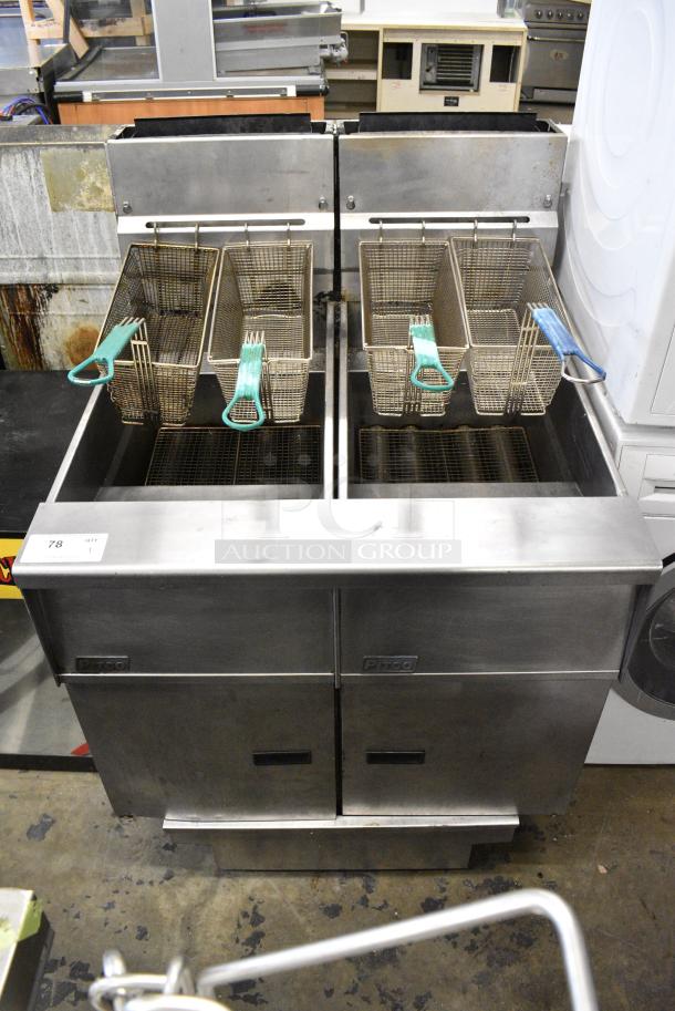 Pitco Frialator SG14 Stainless Steel Commercial Natural Gas Powered 2 Bay Deep Fat Fryer w/ 4 Metal Fry Baskets on Commercial Casters. - Image 1 of 10