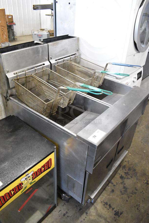 Pitco Frialator SG14 Stainless Steel Commercial Natural Gas Powered 2 Bay Deep Fat Fryer w/ 4 Metal Fry Baskets on Commercial Casters. - Image 2 of 10