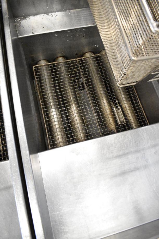 Pitco Frialator SG14 Stainless Steel Commercial Natural Gas Powered 2 Bay Deep Fat Fryer w/ 4 Metal Fry Baskets on Commercial Casters. - Image 5 of 10
