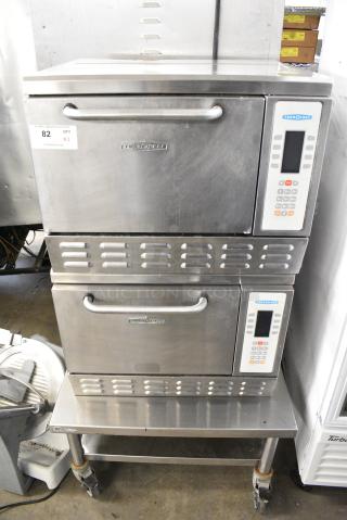 2 Turbochef NGC Stainless Steel Commercial Electric Powered Rapid Cook Ovens on Commercial Equipment Stand w/ Commercial Casters. 208/230-240 Volts, 1 Phase. 2 Times Your Bid!