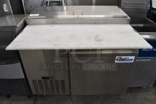 2024 Coldline CPT-44 Stainless Steel Commercial Pizza Prep Table w/ Oversized Cutting Board on Commercial Casters. 115 Volts, 1 Phase. Tested and Powers On But Does Not Get Cold