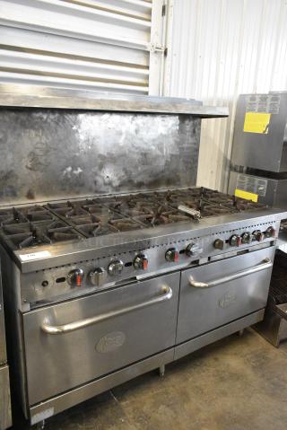 Commercial Performance Group CPG Stainless Steel Commercial Natural Gas Powered 10 Burner Range w/ 2 Ovens, Over Shelf and Back Splash.